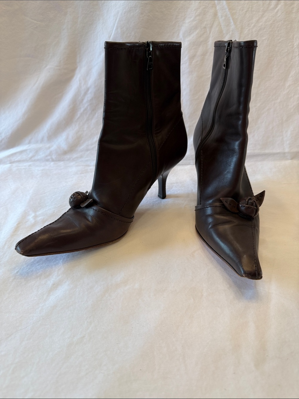 Prada Women's Pointed Toe Leather Ankle Boots - Dark Brown